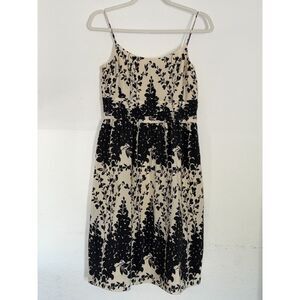 Ann Taylor 4P Petite Floral Mini Silk Dress Cream Black Fit Flare Spring Wedding